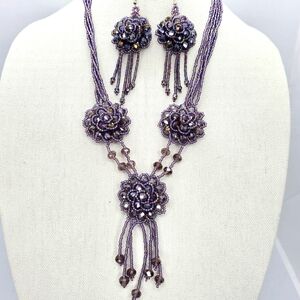 Vintage Sead Beaded Necklace and Earrings in Crystals Purple Irridencent Set